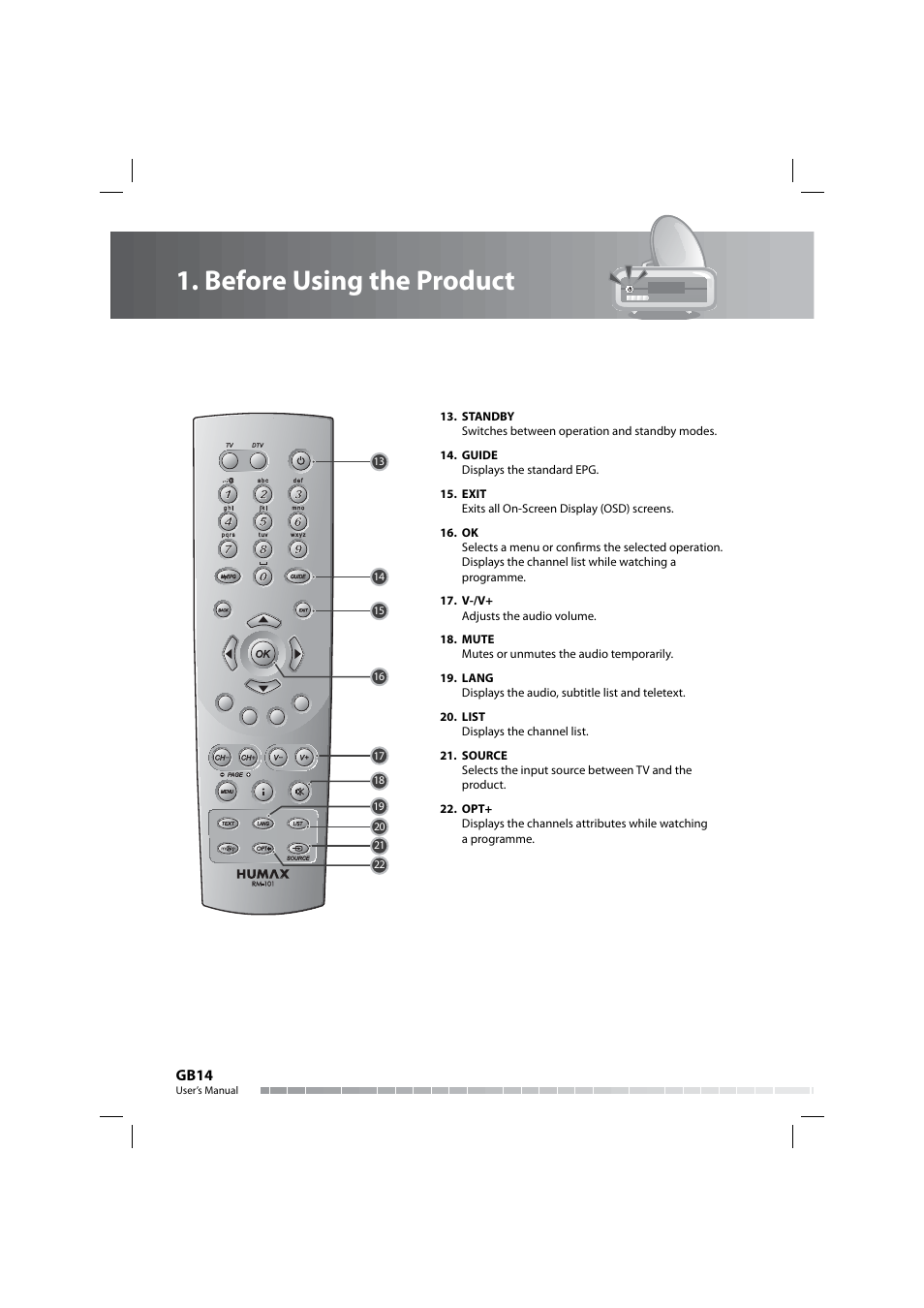 Before using the product, Gb14 | Humax COMBO-9000 User Manual | Page 15 / 86