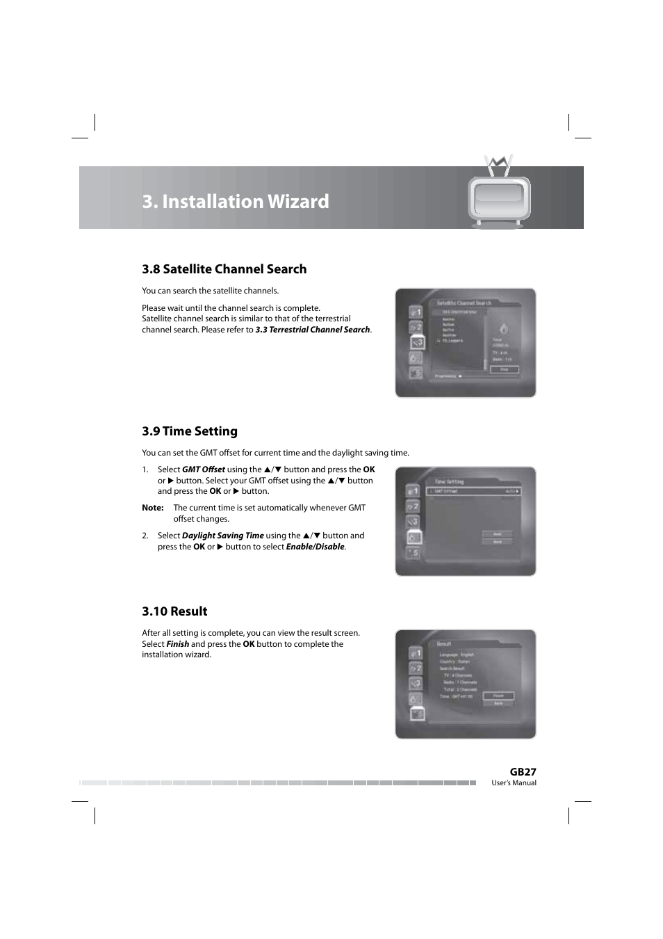Installation wizard, 8 satellite channel search, 9 time setting | 10 result | Humax COMBO-9000 User Manual | Page 28 / 86