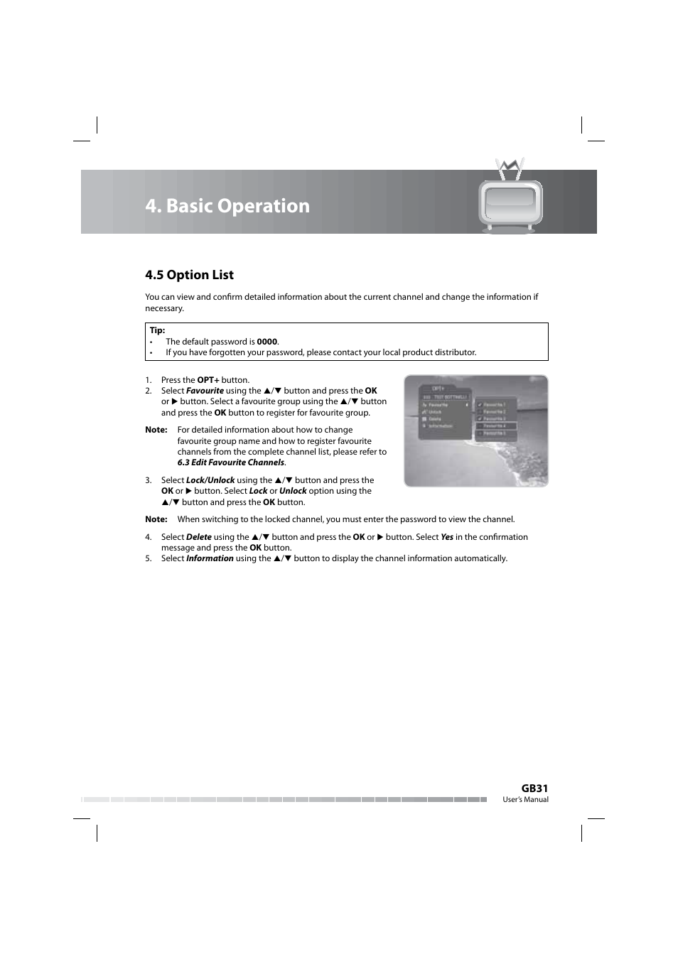 Basic operation, 5 option list | Humax COMBO-9000 User Manual | Page 32 / 86