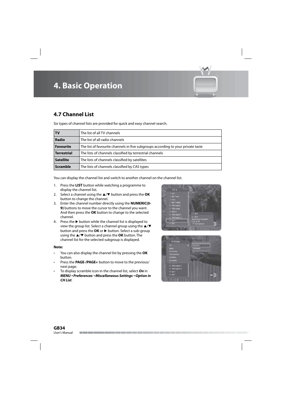 Basic operation, 7 channel list | Humax COMBO-9000 User Manual | Page 35 / 86