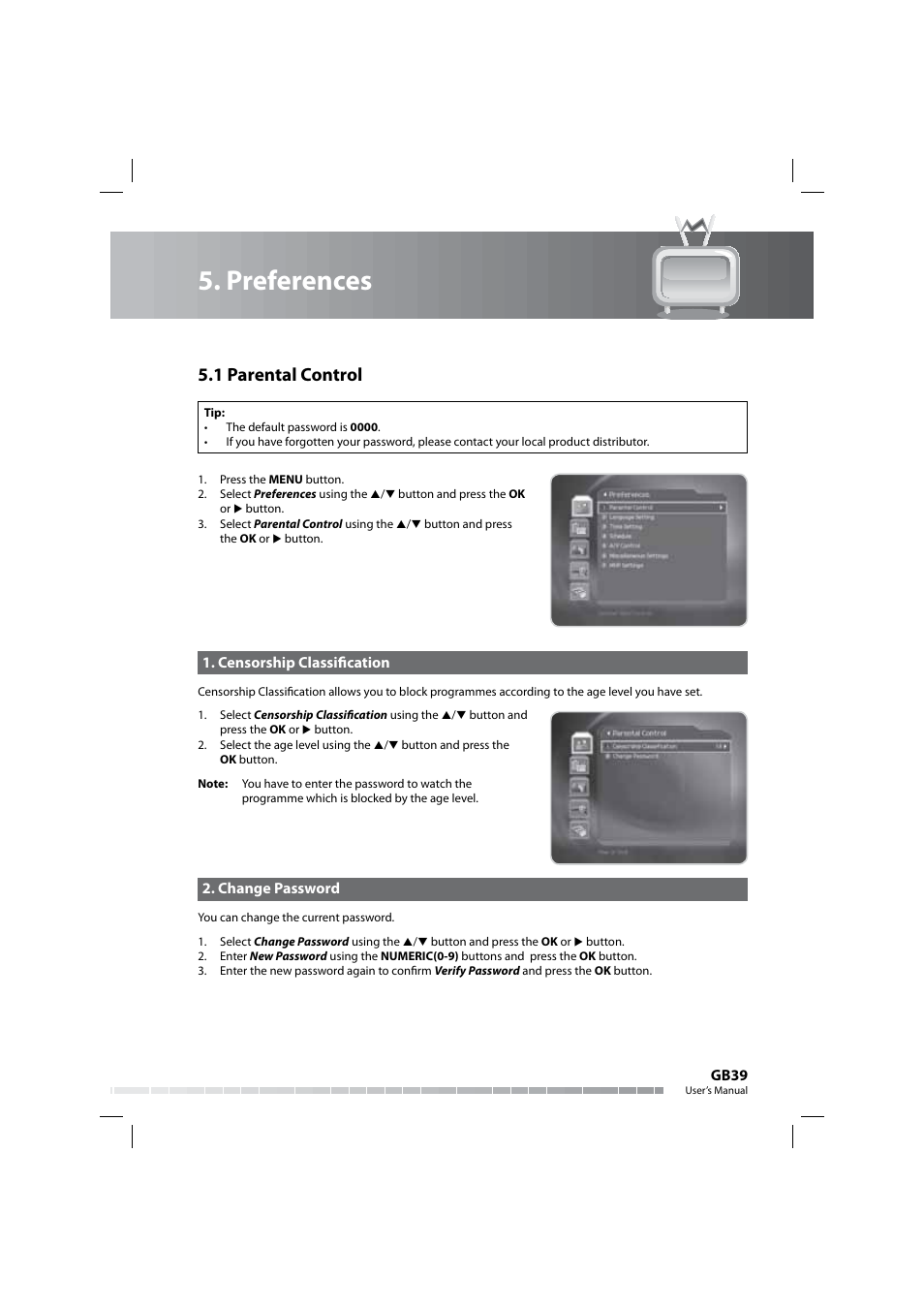 Preferences, 1 parental control | Humax COMBO-9000 User Manual | Page 40 / 86