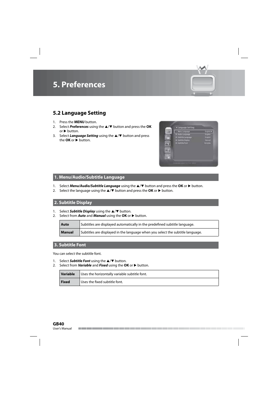 Preferences, 2 language setting | Humax COMBO-9000 User Manual | Page 41 / 86