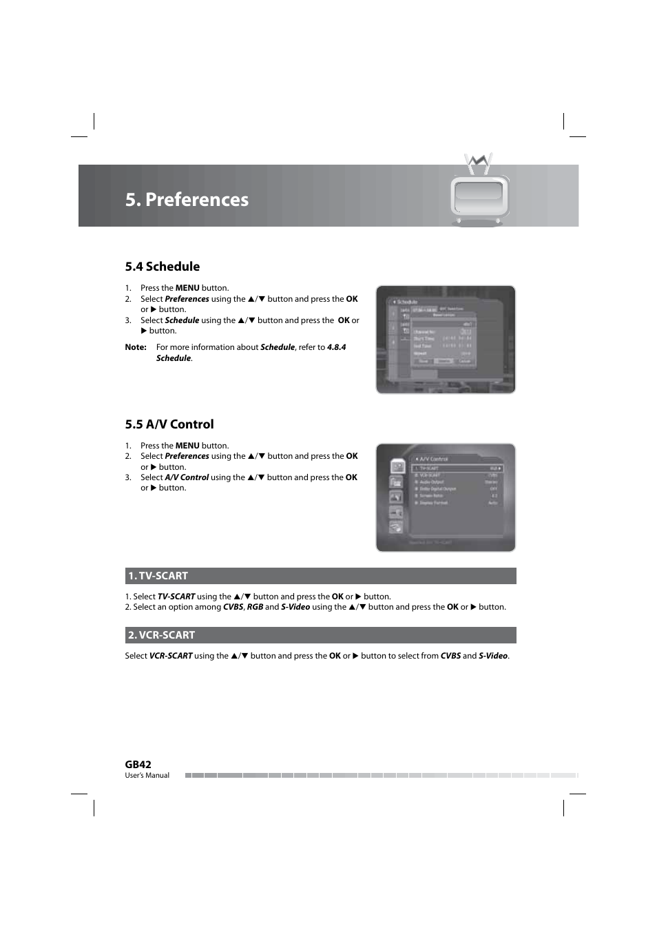 Preferences, 4 schedule, 5 a/v control | Humax COMBO-9000 User Manual | Page 43 / 86