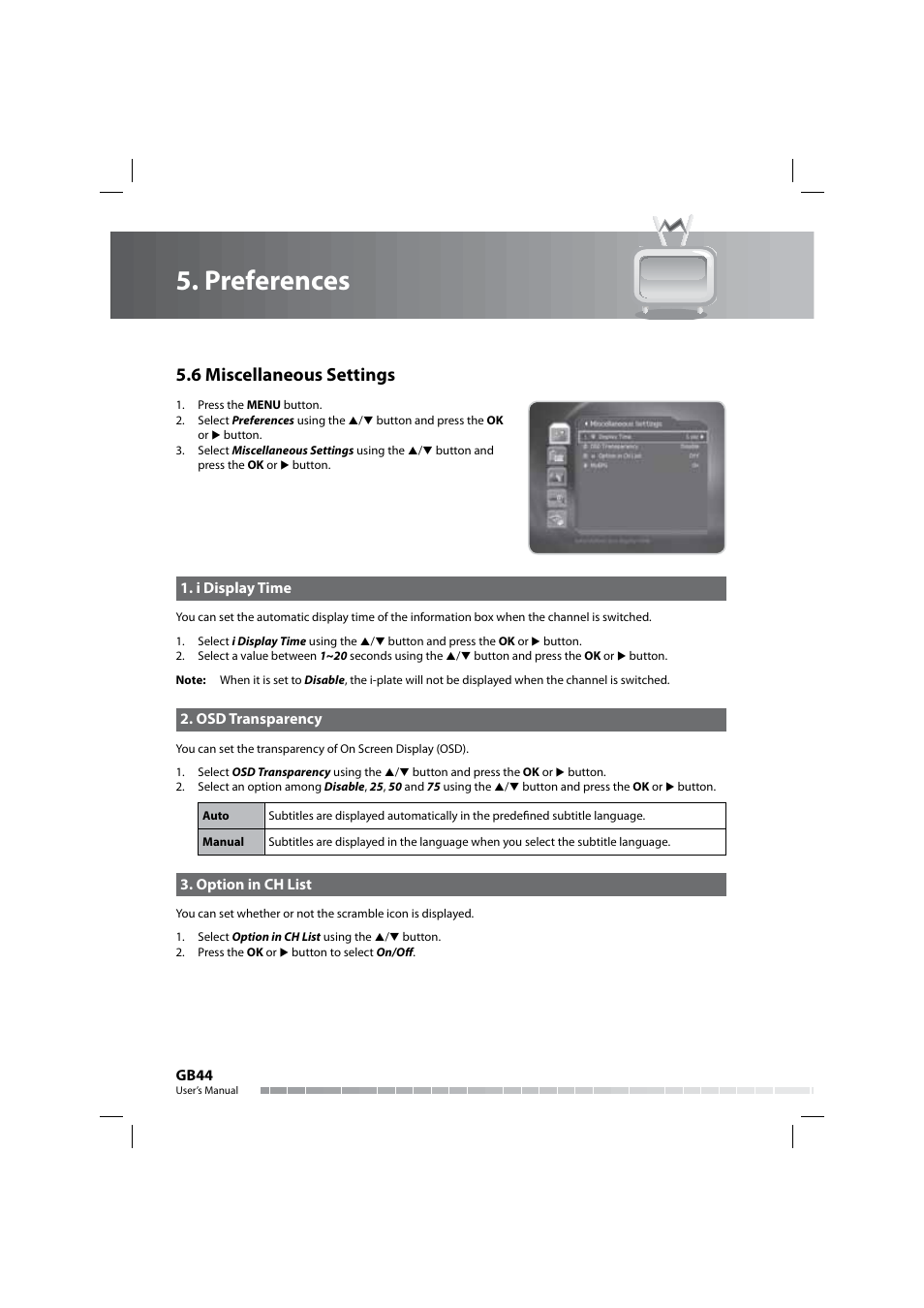 Preferences, 6 miscellaneous settings | Humax COMBO-9000 User Manual | Page 45 / 86