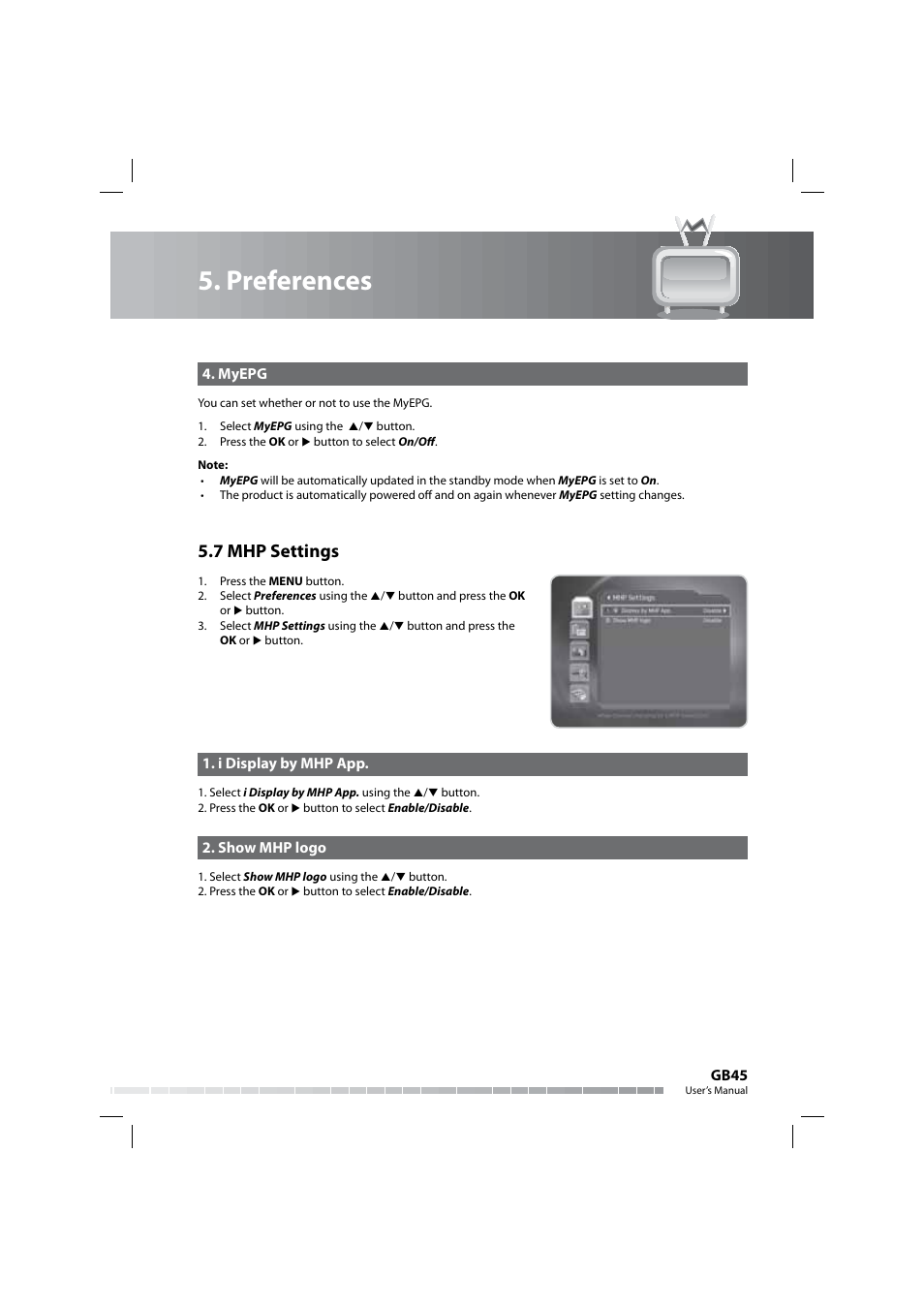 Preferences, 7 mhp settings | Humax COMBO-9000 User Manual | Page 46 / 86