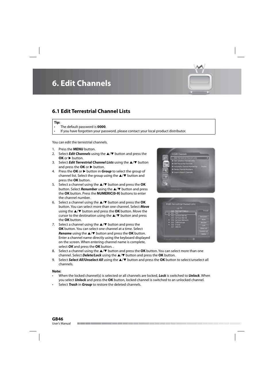Edit channels, 1 edit terrestrial channel lists | Humax COMBO-9000 User Manual | Page 47 / 86
