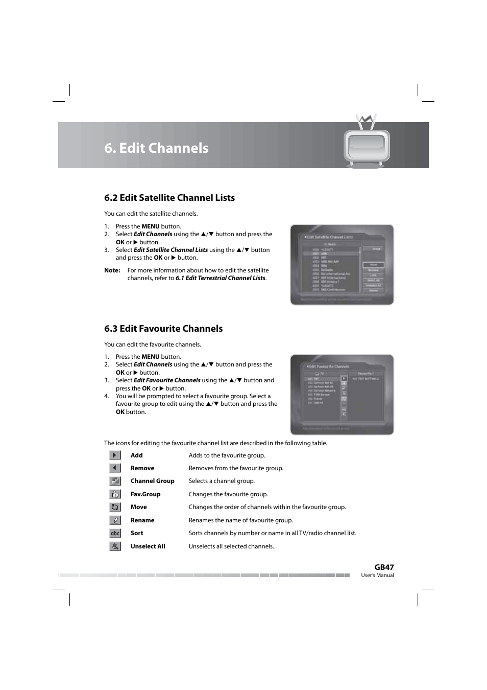 Edit channels, 2 edit satellite channel lists, 3 edit favourite channels | Humax COMBO-9000 User Manual | Page 48 / 86