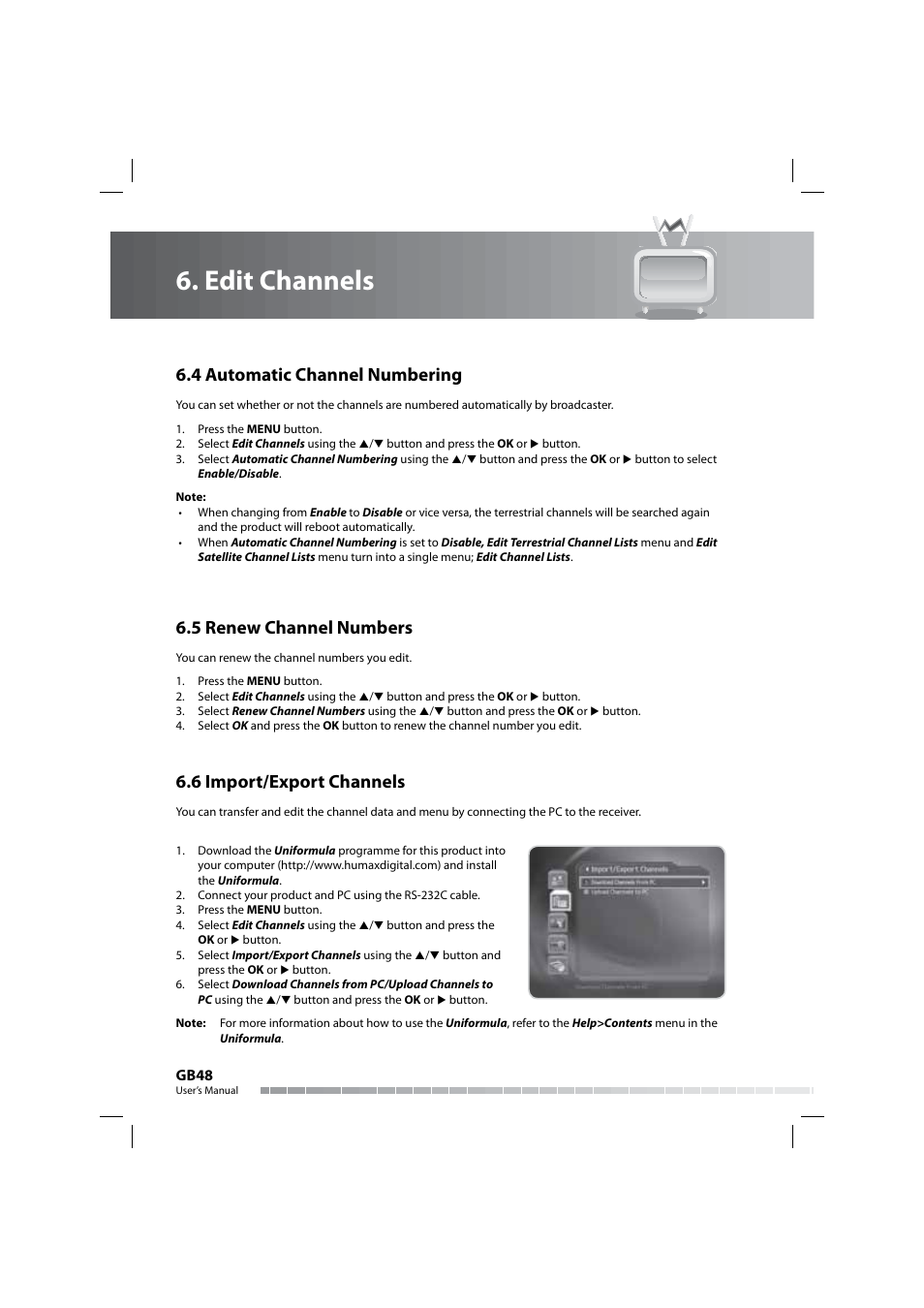 Edit channels, 4 automatic channel numbering, 5 renew channel numbers | 6 import/export channels | Humax COMBO-9000 User Manual | Page 49 / 86