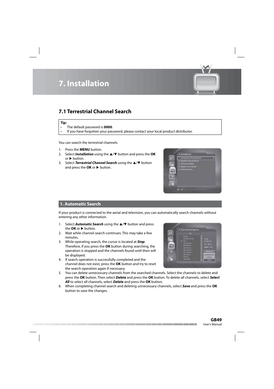 Installation, 1 terrestrial channel search | Humax COMBO-9000 User Manual | Page 50 / 86