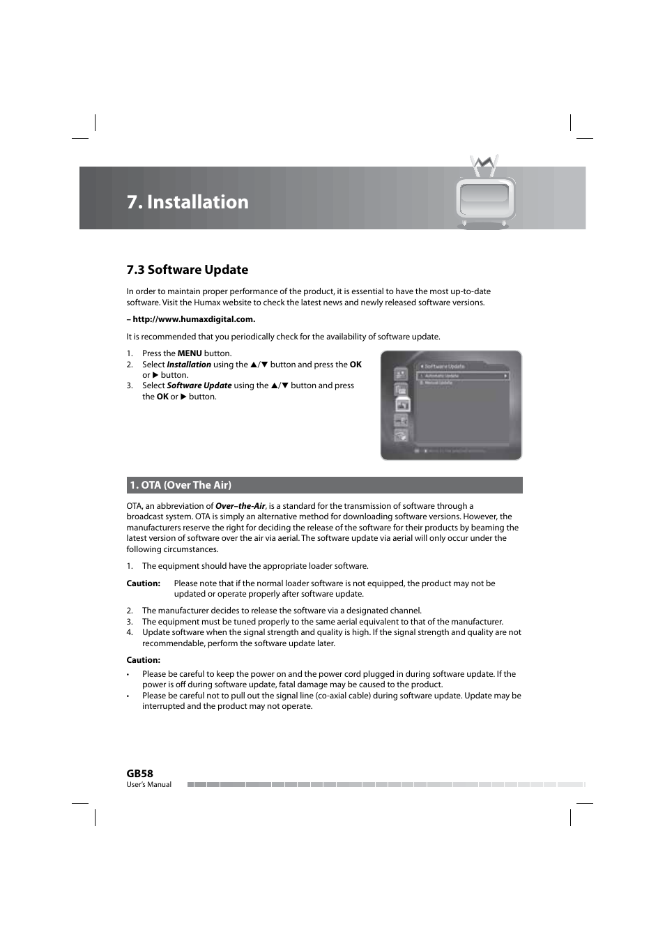 Installation, 3 software update | Humax COMBO-9000 User Manual | Page 59 / 86