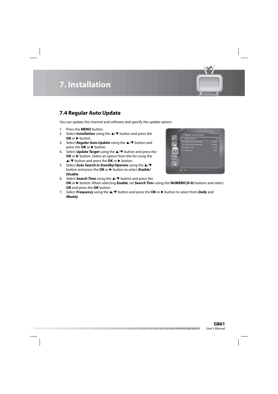 Installation, 4 regular auto update | Humax COMBO-9000 User Manual | Page 62 / 86