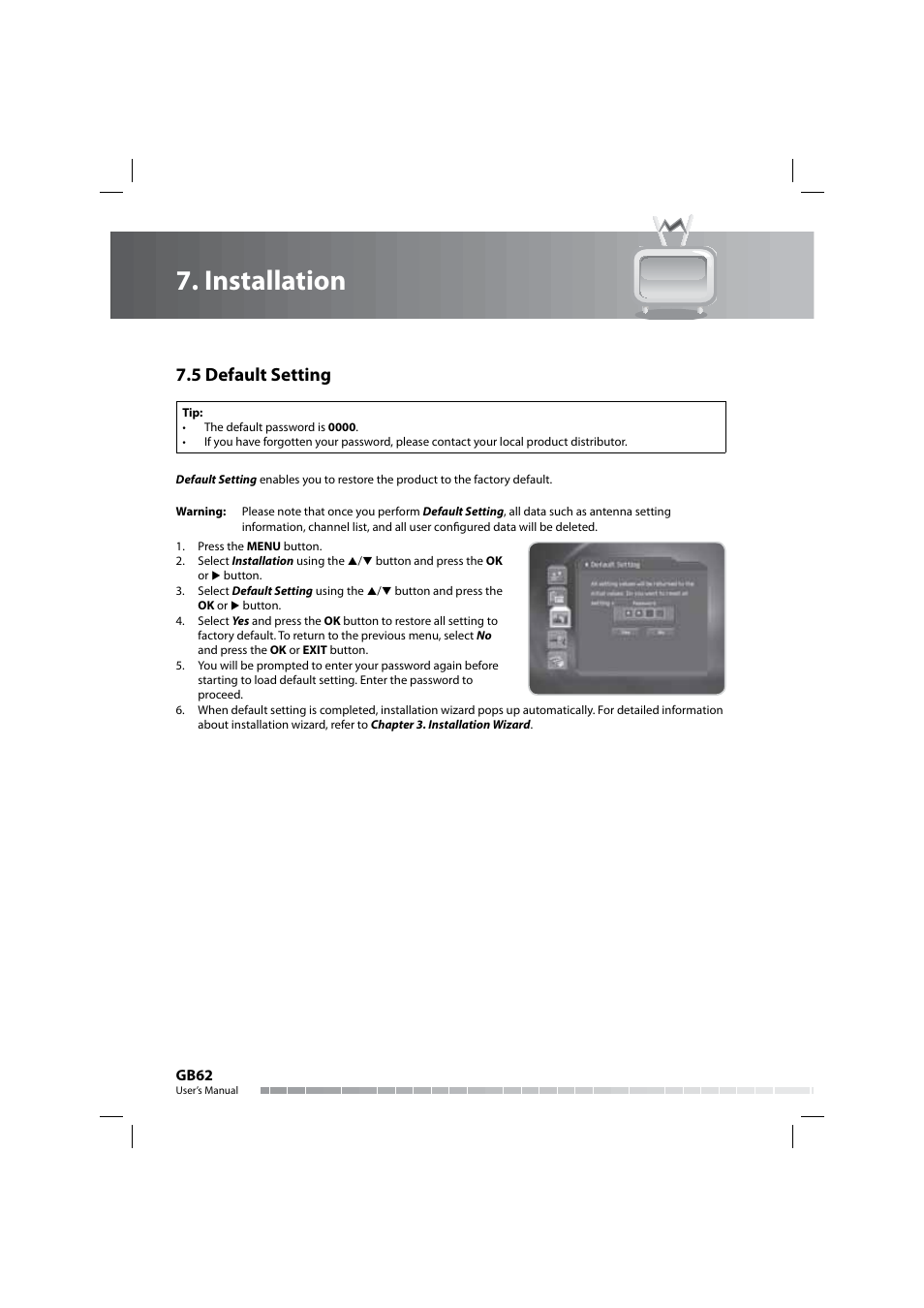 Installation, 5 default setting | Humax COMBO-9000 User Manual | Page 63 / 86