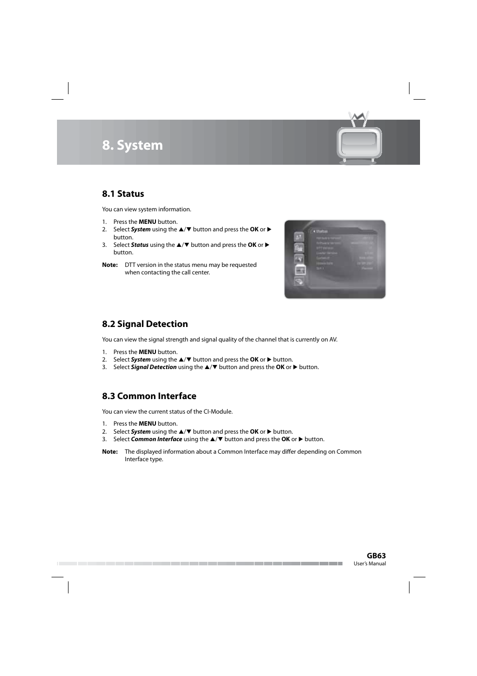 System, 1 status, 2 signal detection | 3 common interface | Humax COMBO-9000 User Manual | Page 64 / 86