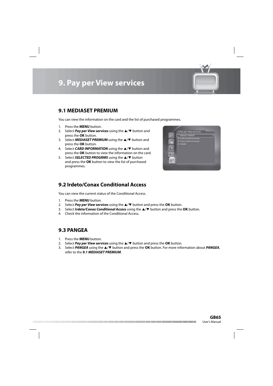 Pay per view services, 1 mediaset premium, 2 irdeto/conax conditional access | 3 pangea | Humax COMBO-9000 User Manual | Page 66 / 86