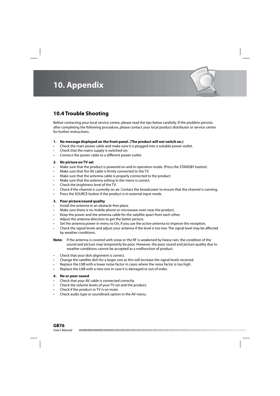 Appendix, 4 trouble shooting, Gb76 | Humax COMBO-9000 User Manual | Page 77 / 86