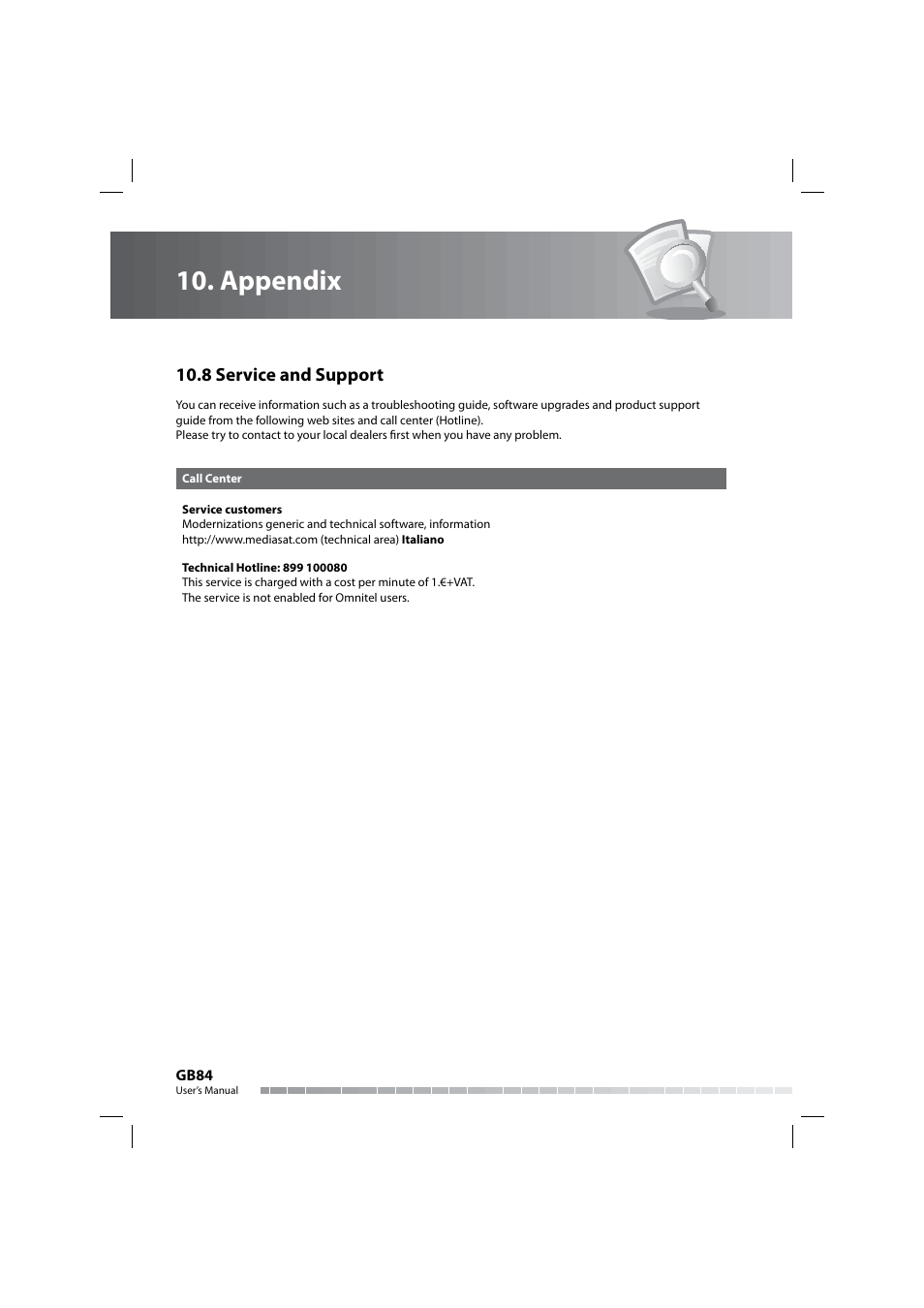 Appendix, 8 service and support | Humax COMBO-9000 User Manual | Page 85 / 86