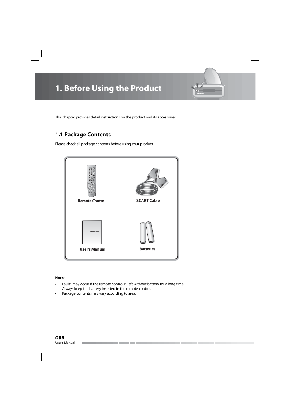 Before using the product, 1 package contents | Humax COMBO-9000 User Manual | Page 9 / 86