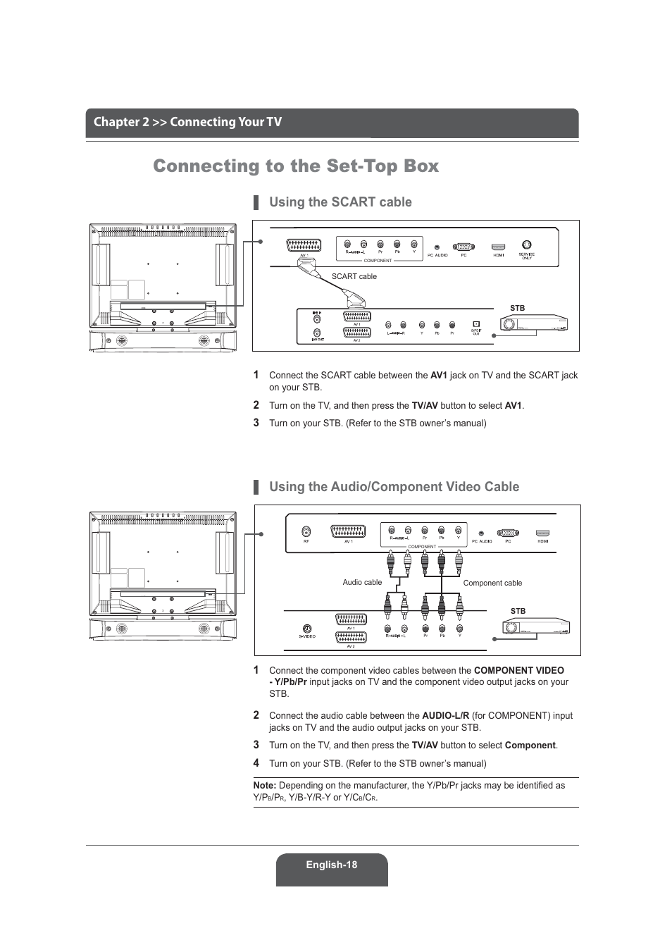 Connecting to the set-top box, Using the audio/component video cable | Humax LGB-22DRT User Manual | Page 18 / 76