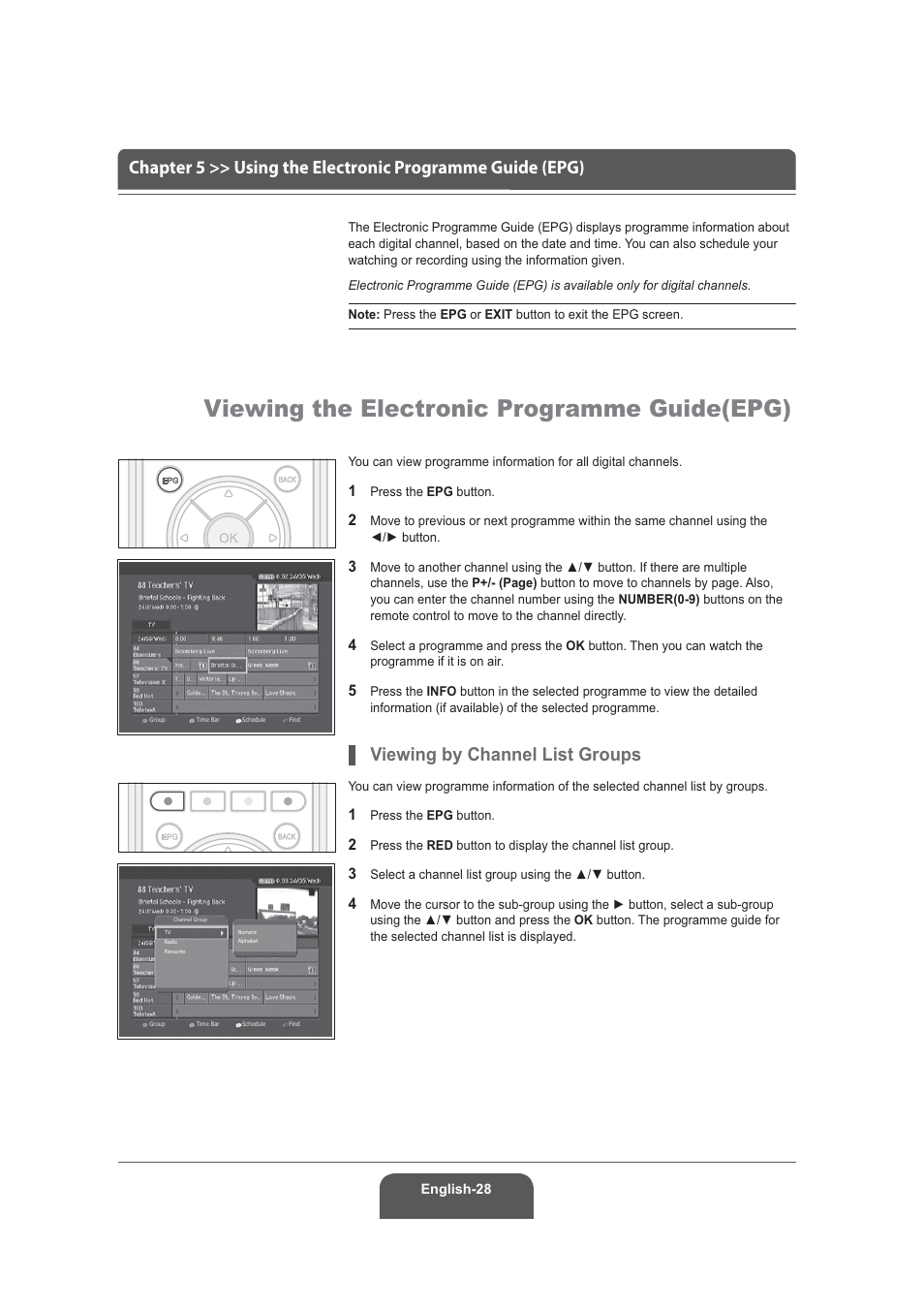 Viewing the electronic programme guide(epg), Viewing by channel list groups | Humax LGB-22DRT User Manual | Page 28 / 76