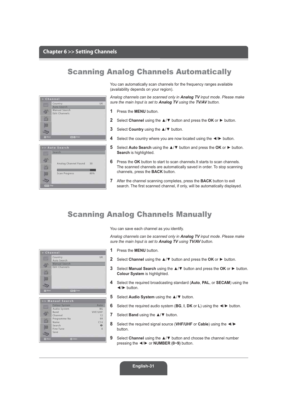 Scanning analog channels automatically, Scanning analog channels manually, Chapter 6 >> setting channels | Humax LGB-22DRT User Manual | Page 31 / 76