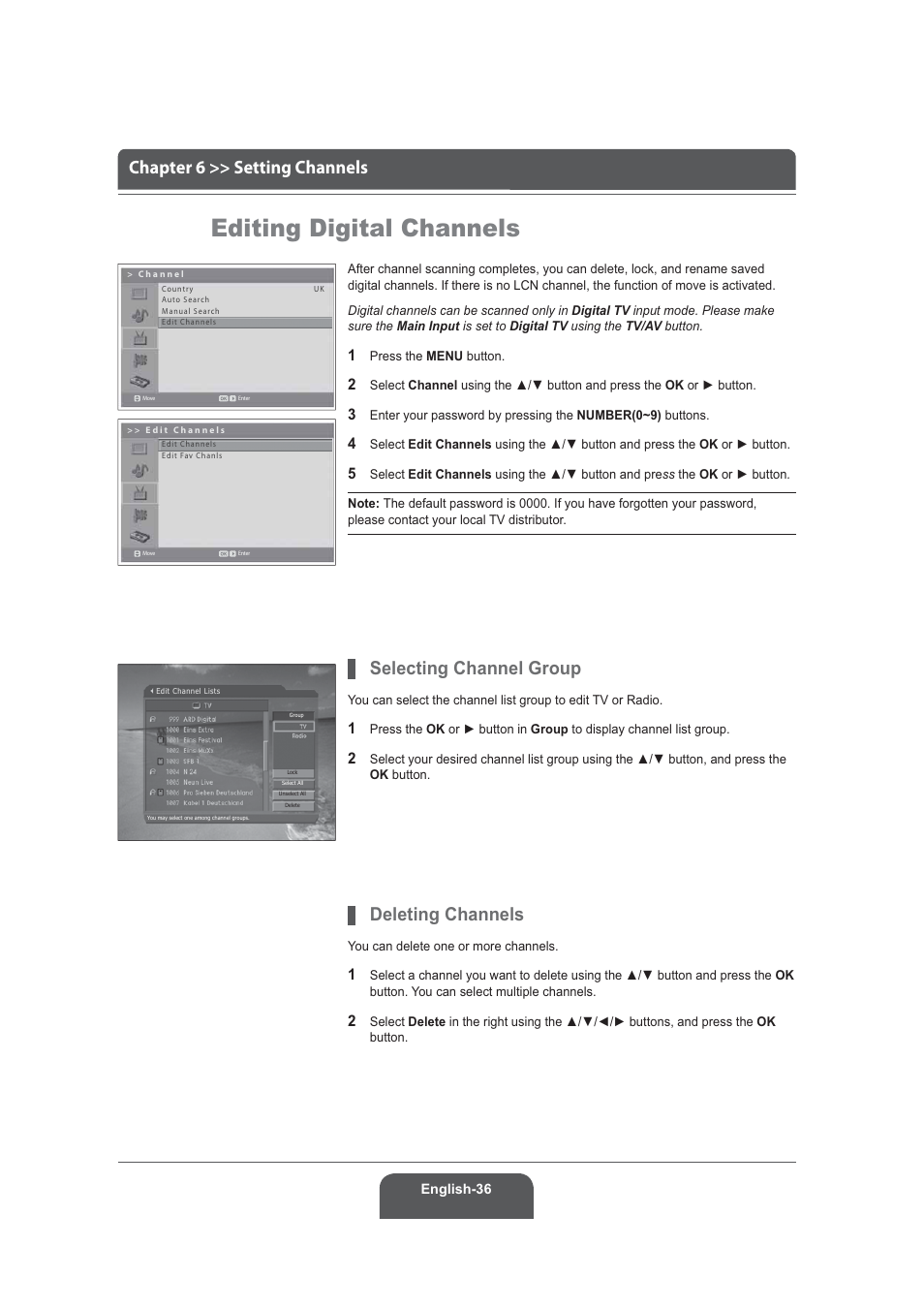 Editing digital channels, Chapter 6 >> setting channels, Selecting channel group | Deleting channels | Humax LGB-22DRT User Manual | Page 36 / 76