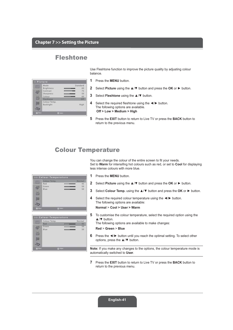 Fleshtone, Colour temperature, Chapter 7 >> setting the picture | Humax LGB-22DRT User Manual | Page 41 / 76