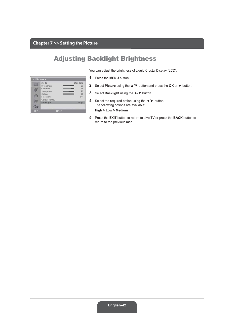 Adjusting backlight brightness, Chapter 7 >> setting the picture | Humax LGB-22DRT User Manual | Page 42 / 76