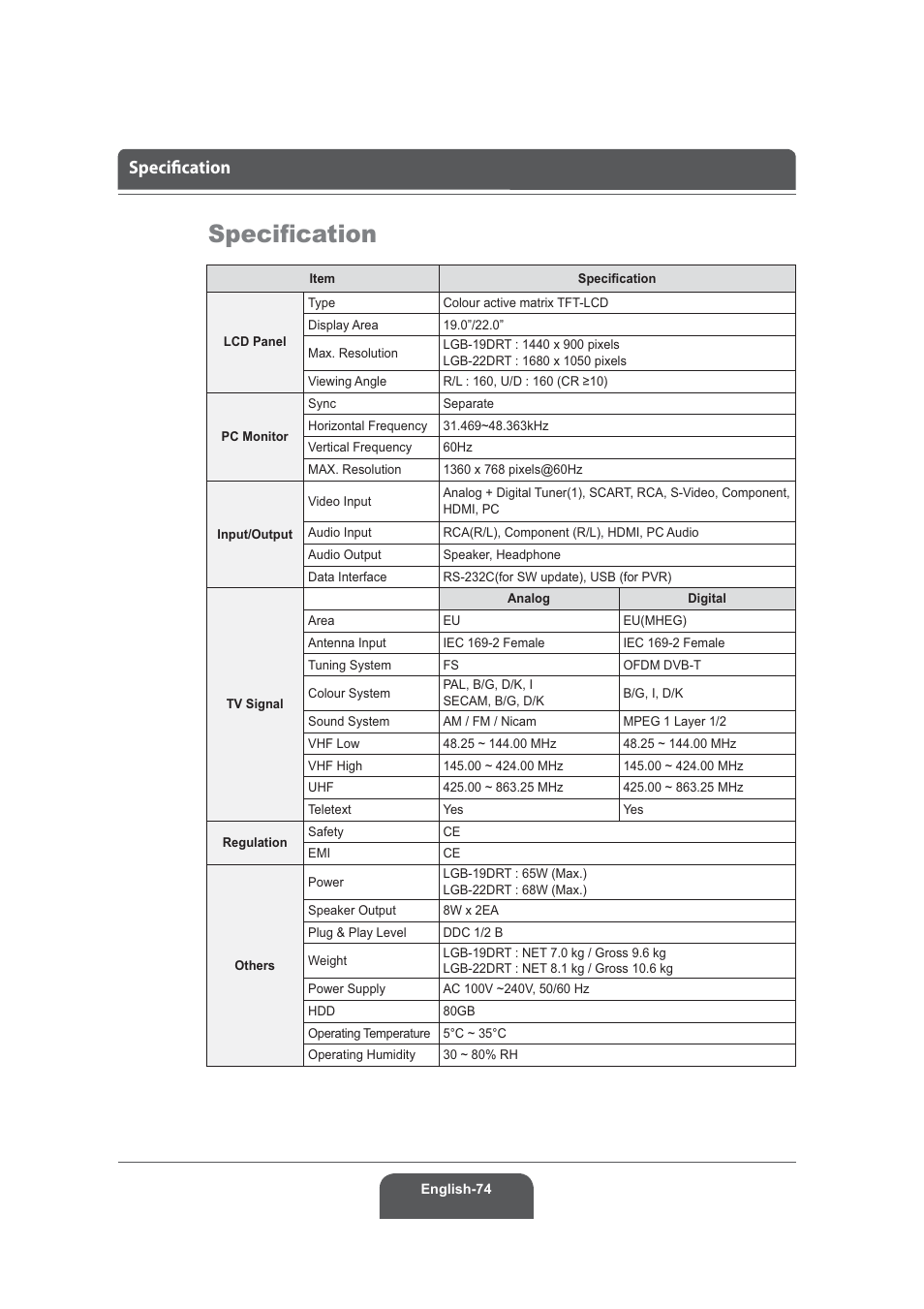 6shflàfdwlrq, Speciﬁcation | Humax LGB-22DRT User Manual | Page 74 / 76