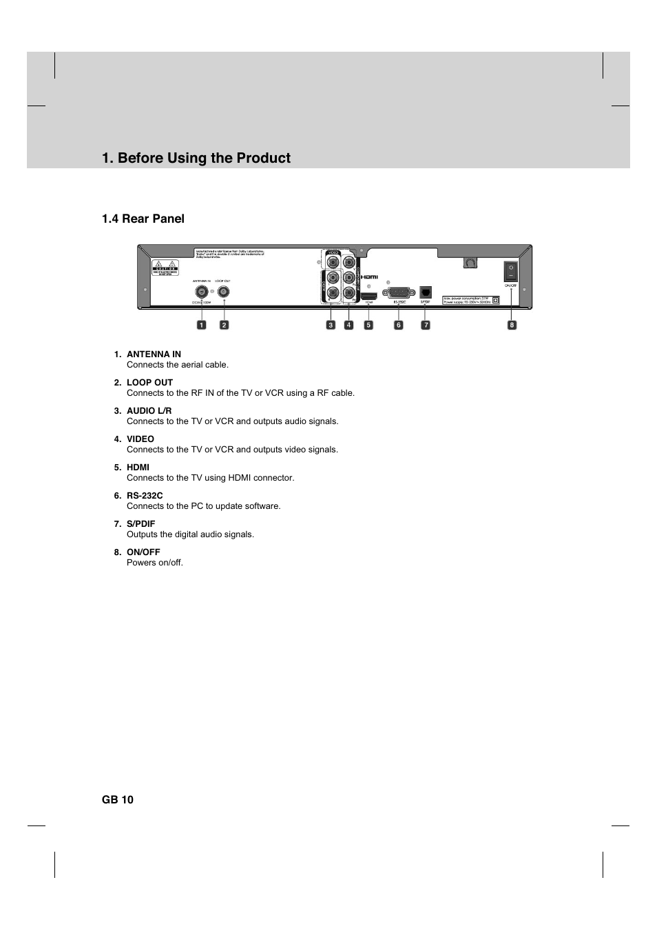 Before using the product, 4 rear panel, Gb 10 | Humax HDCI-2000T User Manual | Page 11 / 66