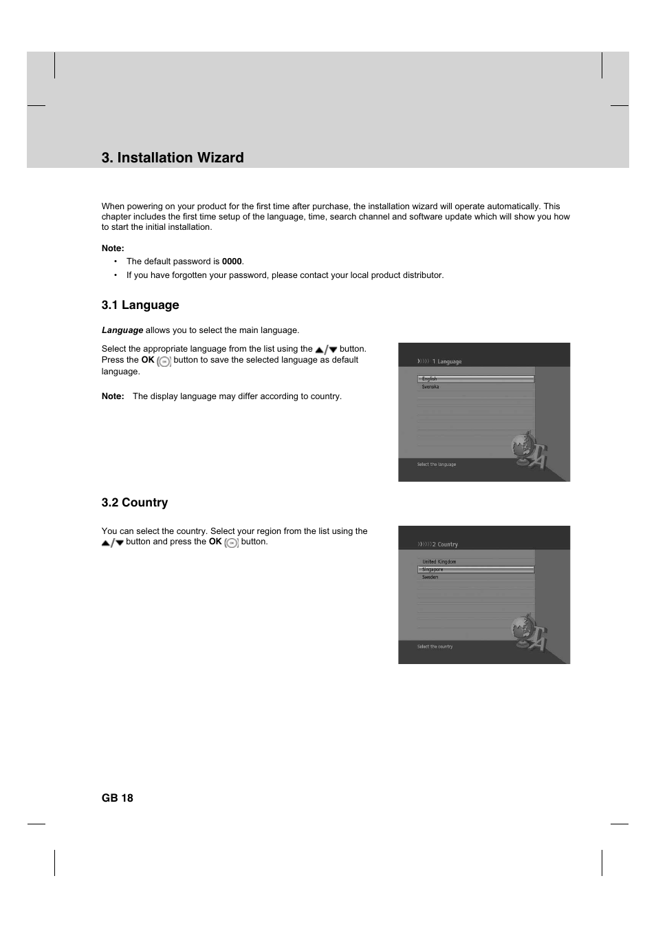 Installation wizard, 1 language, 2 country | Humax HDCI-2000T User Manual | Page 19 / 66