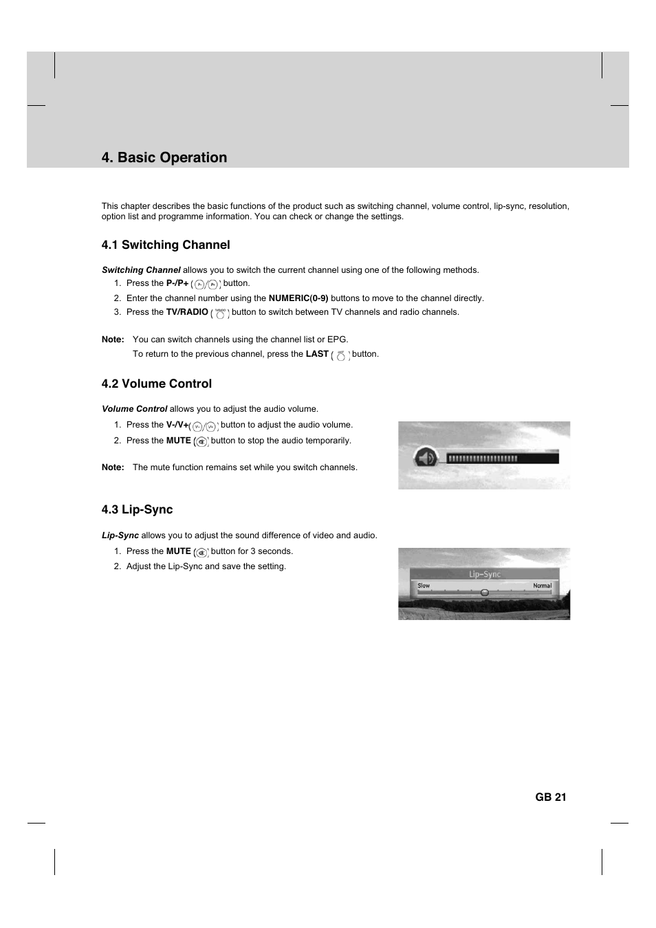 Basic operation, 1 switching channel, 2 volume control | 3 lip-sync | Humax HDCI-2000T User Manual | Page 22 / 66