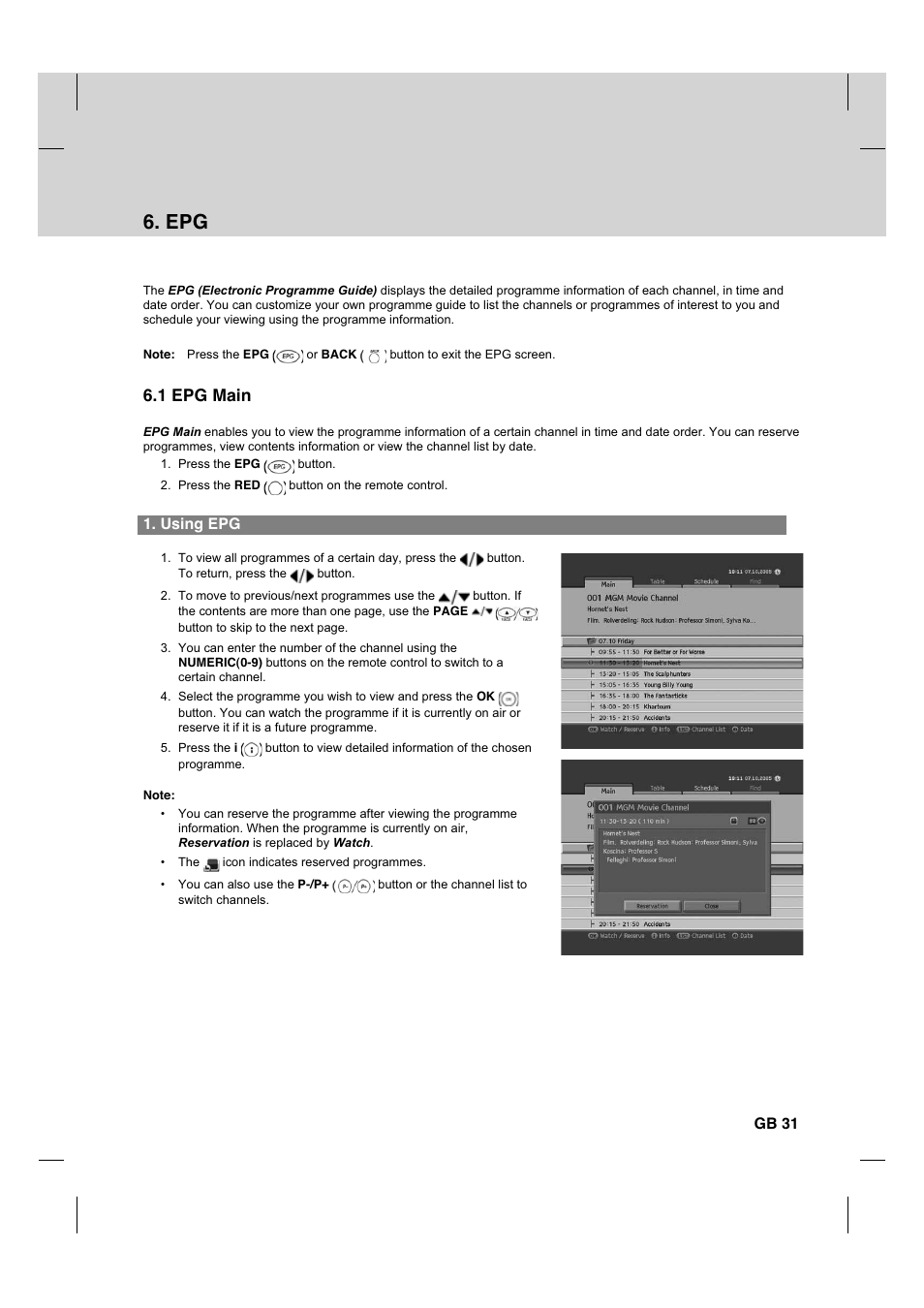 1 epg main, Using epg, Gb 31 | Humax HDCI-2000T User Manual | Page 32 / 66