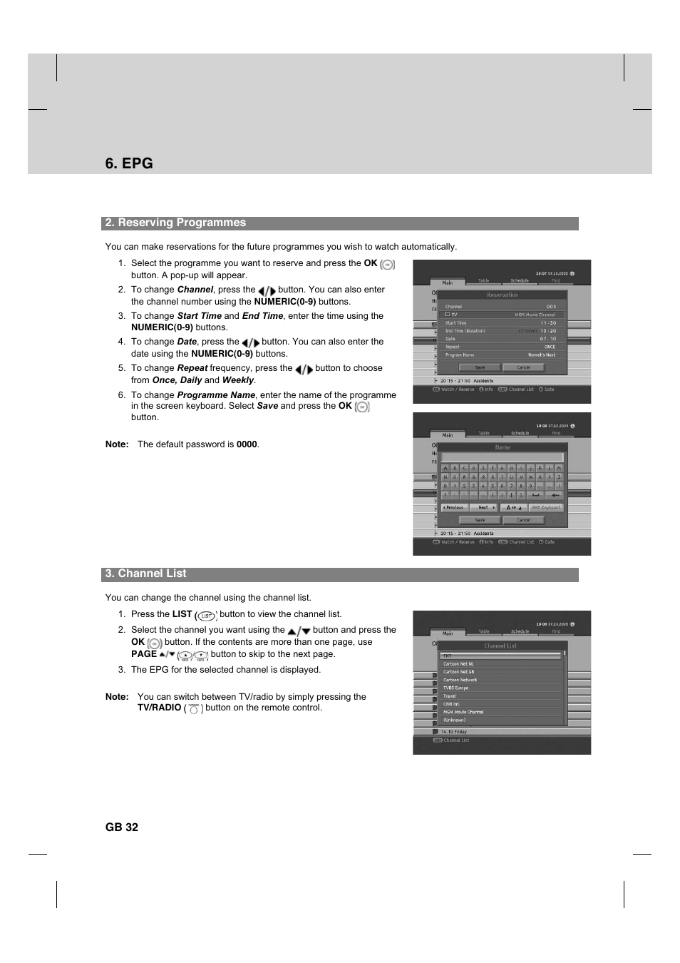 Reserving programmes, Channel list, Gb 32 | Humax HDCI-2000T User Manual | Page 33 / 66