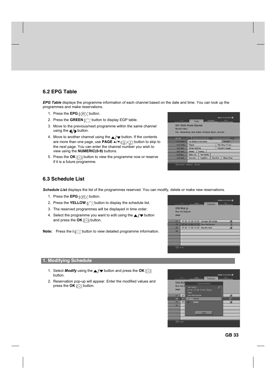 2 epg table, 3 schedule list, Modifying schedule | Gb 33 | Humax HDCI-2000T User Manual | Page 34 / 66