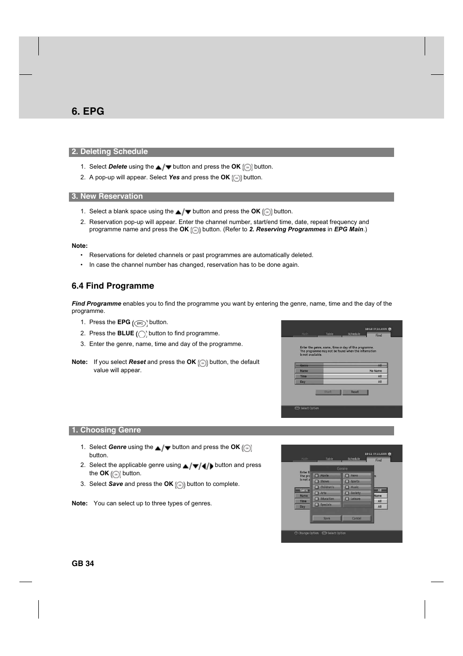 4 find programme, Deleting schedule, New reservation | Choosing genre, Gb 34 | Humax HDCI-2000T User Manual | Page 35 / 66