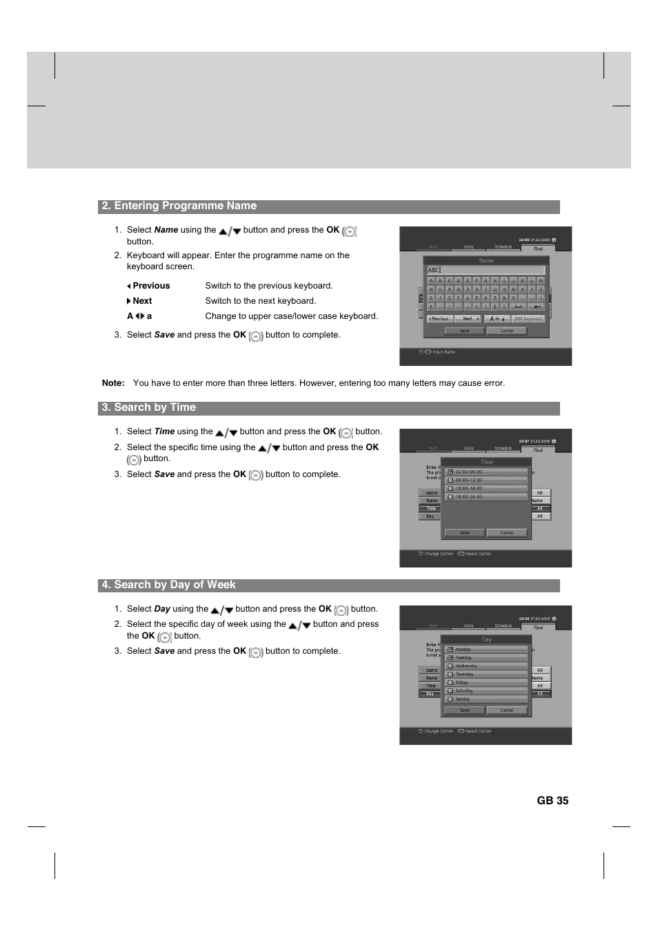Entering programme name, Search by time, Search by day of week | Gb 35 | Humax HDCI-2000T User Manual | Page 36 / 66