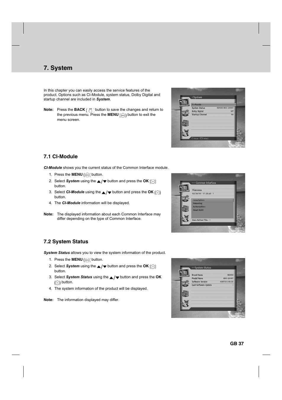System, 1 ci-module, 2 system status | Gb 37 | Humax HDCI-2000T User Manual | Page 38 / 66