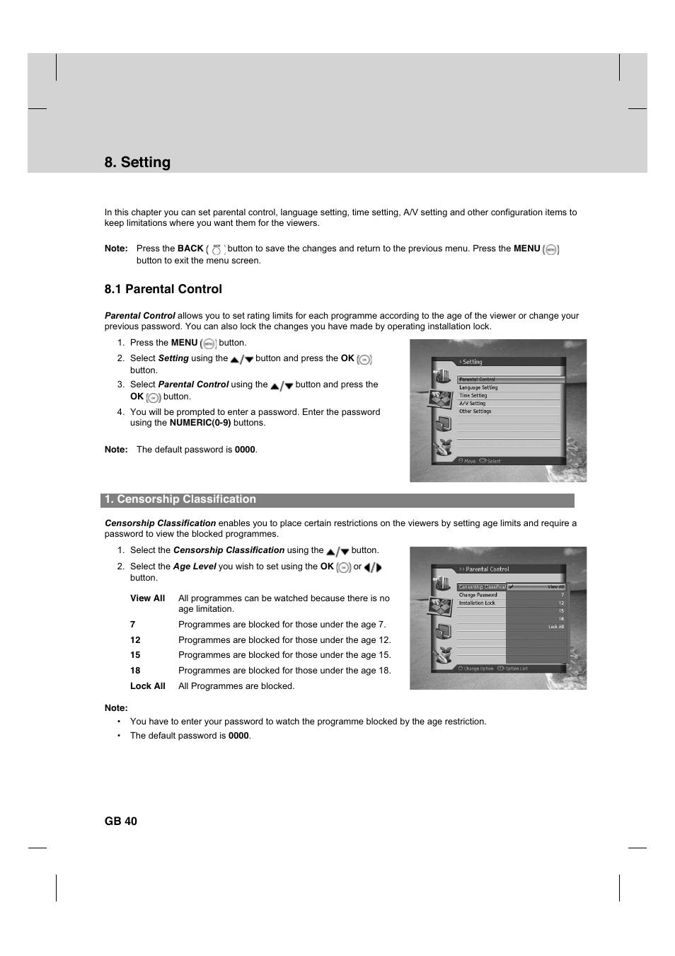 Setting, 1 parental control, Censorship classification | Gb 40 | Humax HDCI-2000T User Manual | Page 41 / 66