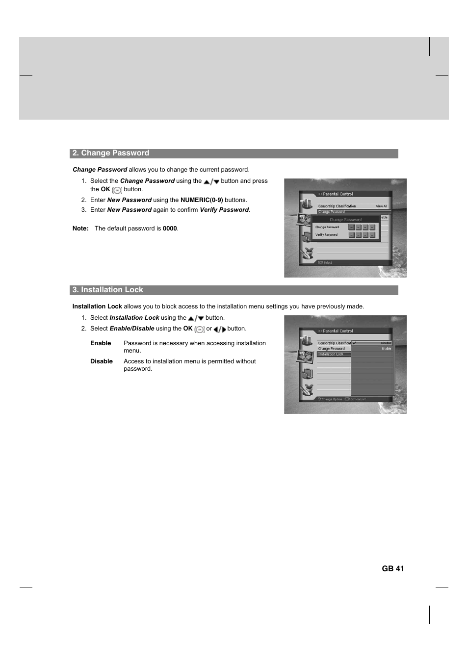 Change password, Installation lock, Gb 41 | Humax HDCI-2000T User Manual | Page 42 / 66