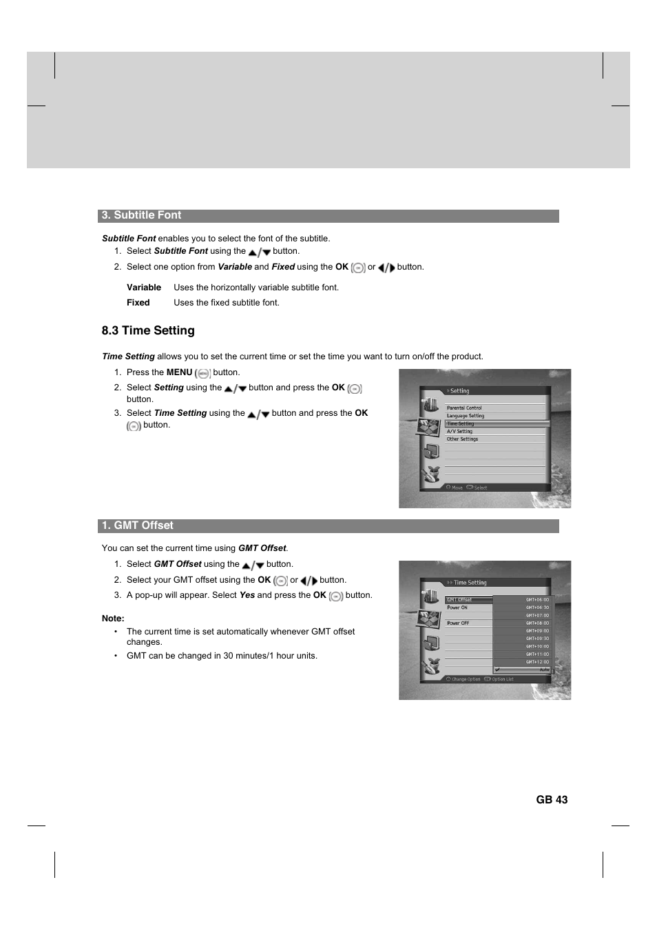 3 time setting, Subtitle font, Gmt offset | Gb 43 | Humax HDCI-2000T User Manual | Page 44 / 66