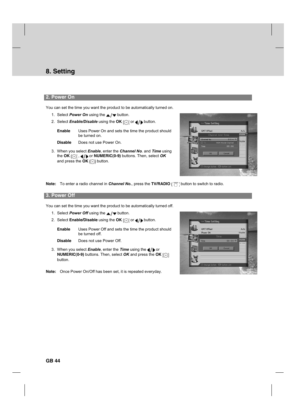 Setting, Power on, Power off | Gb 44 | Humax HDCI-2000T User Manual | Page 45 / 66
