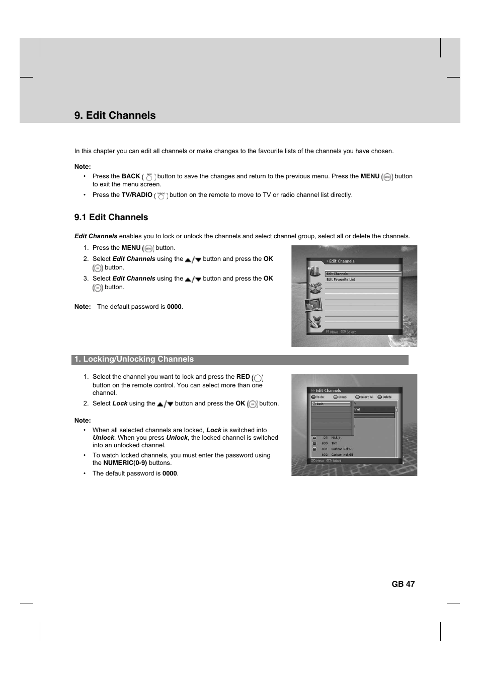 Edit channels, 1 edit channels, Locking/unlocking channels | Gb 47 | Humax HDCI-2000T User Manual | Page 48 / 66