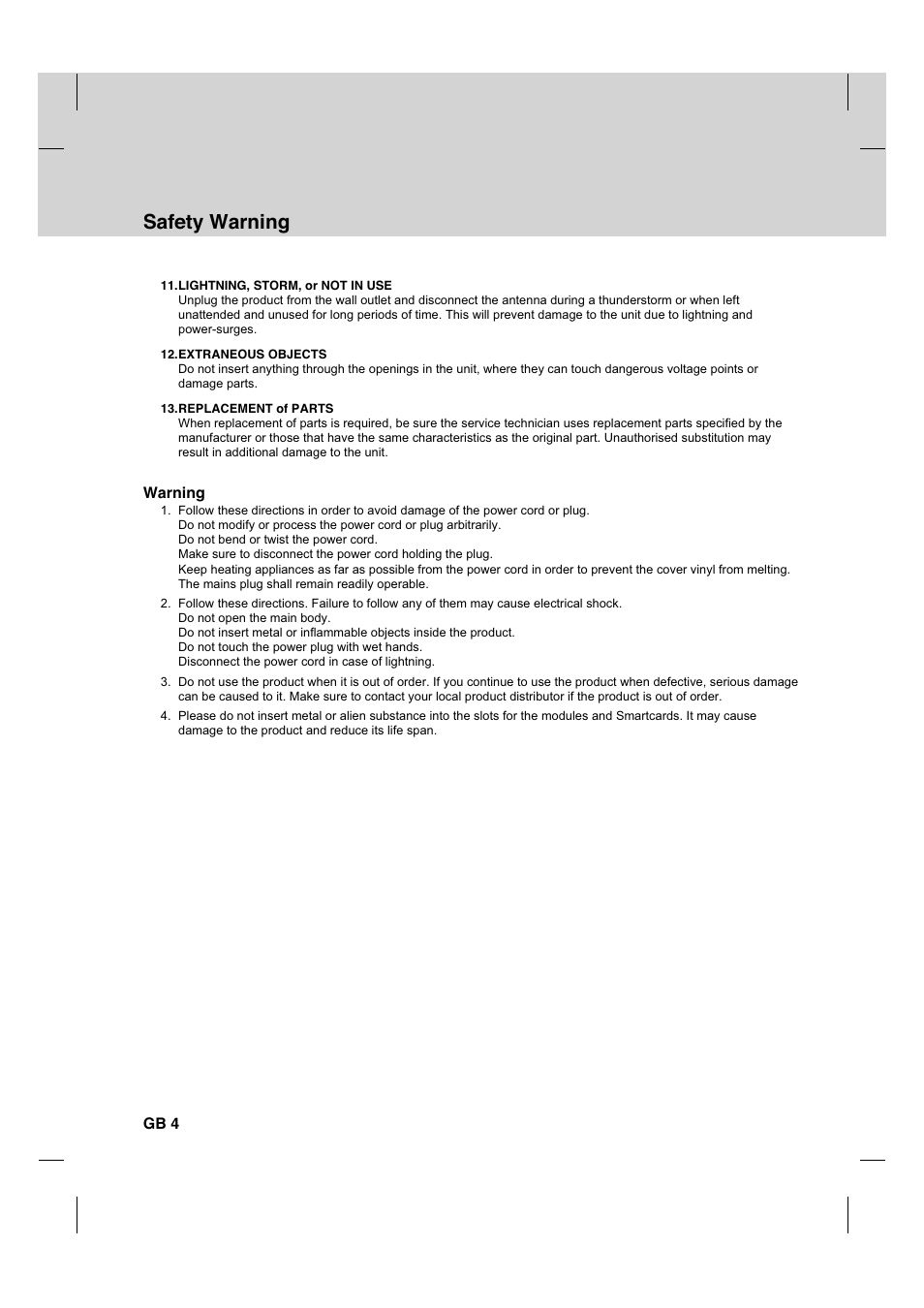 Safety warning, Warning, Gb 4 | Humax HDCI-2000T User Manual | Page 5 / 66