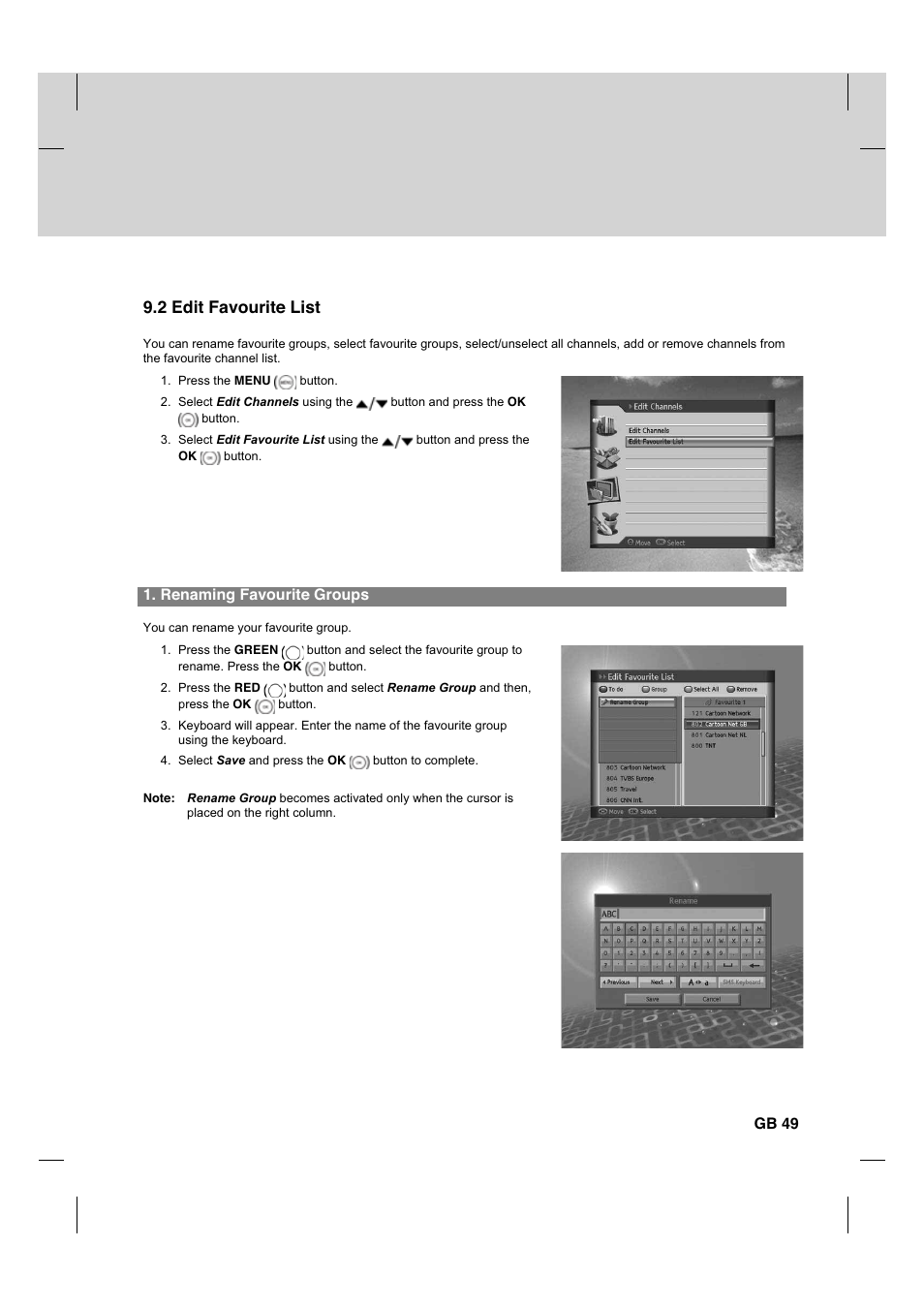 2 edit favourite list, Renaming favourite groups, Gb 49 | Humax HDCI-2000T User Manual | Page 50 / 66