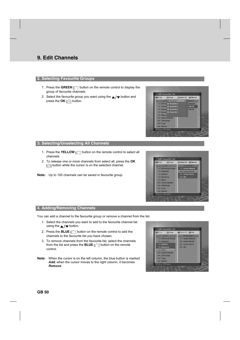 Edit channels, Selecting favourite groups, Selecting/unselecting all channels | Adding/removing channels, Gb 50 | Humax HDCI-2000T User Manual | Page 51 / 66