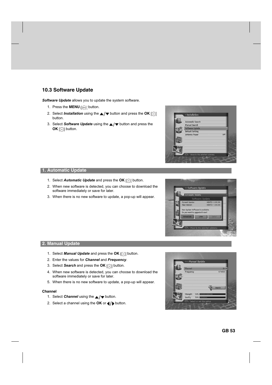 3 software update, Automatic update, Manual update | Gb 53 | Humax HDCI-2000T User Manual | Page 54 / 66