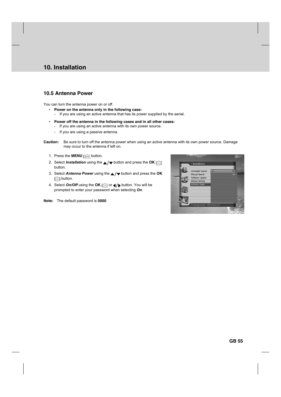 Installation, 5 antenna power, Gb 55 | Humax HDCI-2000T User Manual | Page 56 / 66