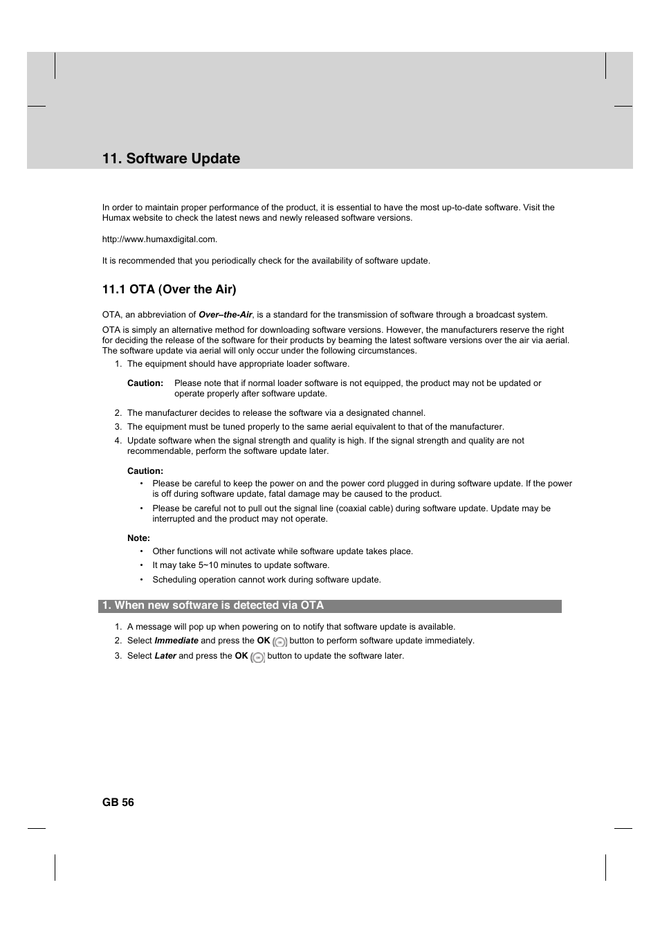 Software update, 1 ota (over the air), When new software is detected via ota | Gb 56 | Humax HDCI-2000T User Manual | Page 57 / 66