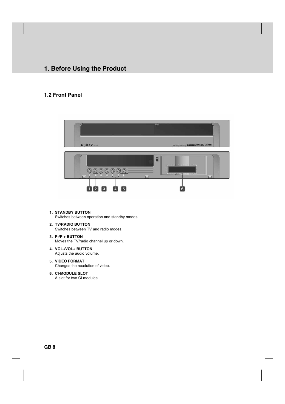 Before using the product, 2 front panel | Humax HDCI-2000T User Manual | Page 9 / 66