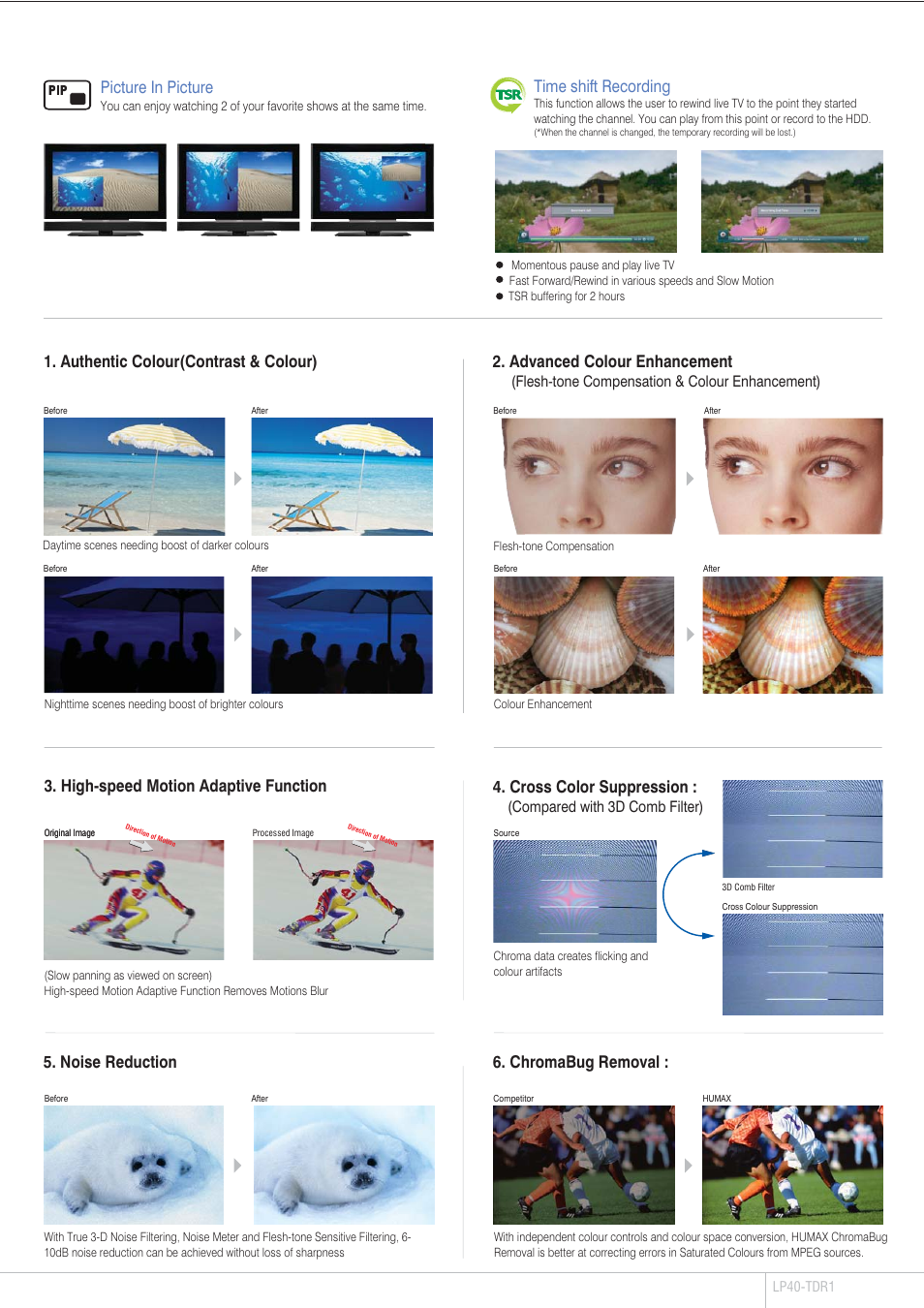 Advanced colour enhancement, Noise reduction, Chromabug removal | Authentic colour(contrast & colour), Cross color suppression, High-speed motion adaptive function, Picture in picture, Time shift recording, Flesh-tone compensation & colour enhancement), Compared with 3d comb filter) | Humax LP40-TDR1 User Manual | Page 3 / 4